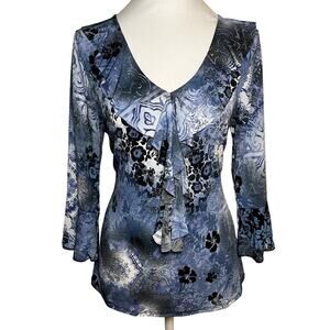 Y2K Fairy Ruffle Blouse Blue‎ White Size Small Office Business Casual 90s Boho